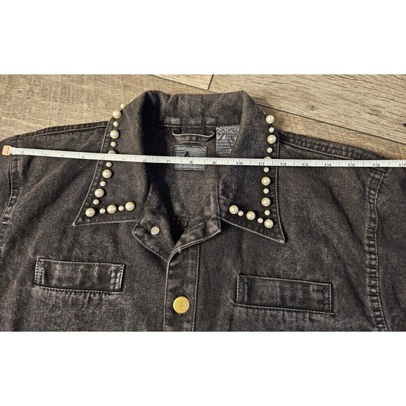 Liz Claiborne Vintage Lizwear Black Denim Jacket Pearls Japanese Flowers - Picture 10 of 14